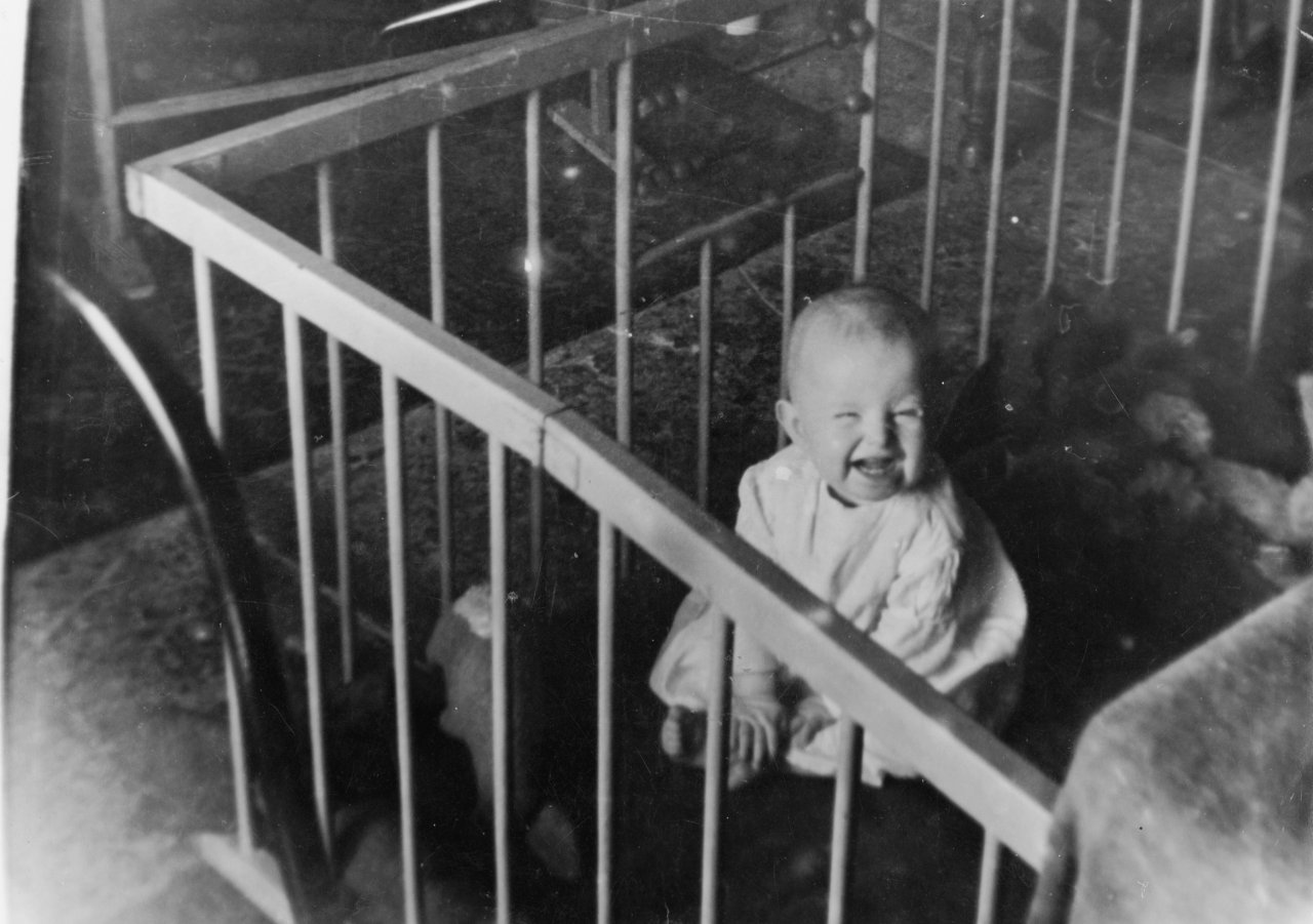 Adrian at Puckington- 9 months old- he would wrinkle his nose and puff when told to pull a funny face- 1948